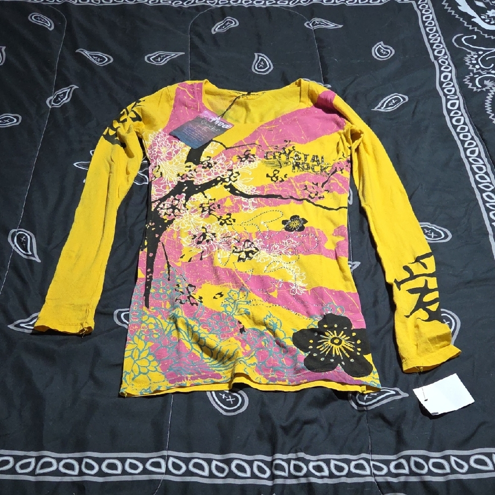 Christian Audigier Yellow and Pink Long Sleeve Tee